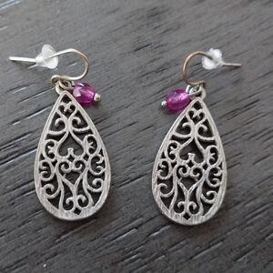 Silver Teardrop Pink Crystal Earrings